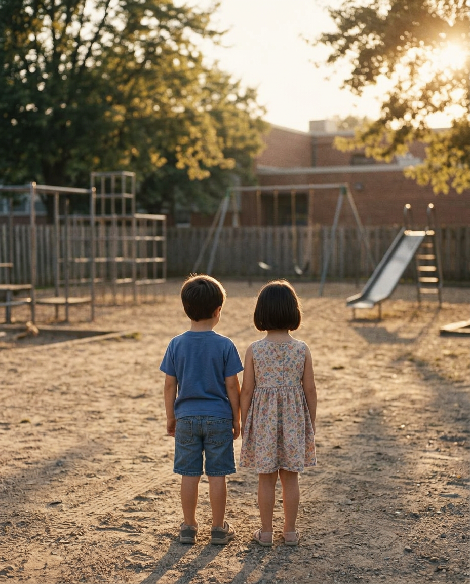 Two five-year-old childhood friends standing side by side in a sunlit playground, seen from behind, 1994