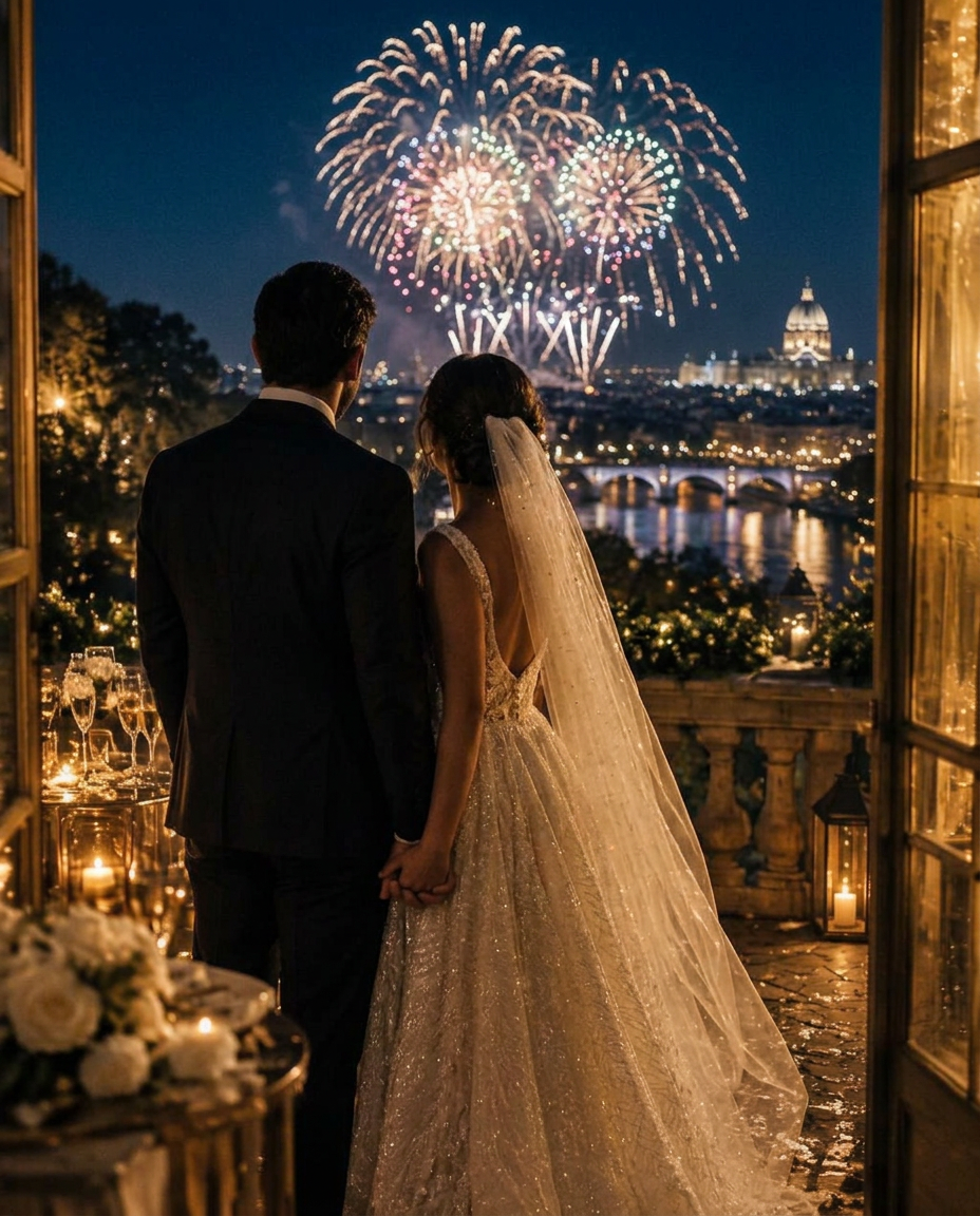 A bride and groom holding hands on a terrace at midnight, seen from behind, fireworks over the city, New Year's Eve 2026